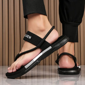 Men's Casual Flip Flops with Bold Letter Print & Striped Design - Durable Fabric Upper