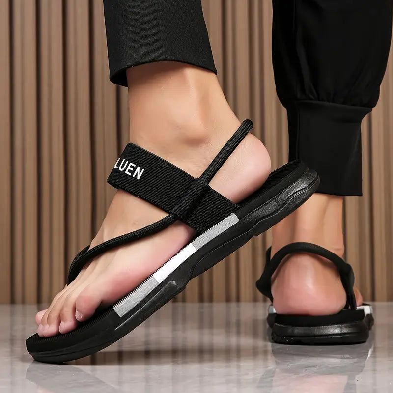 Men's Casual Flip Flops with Bold Letter Print & Striped Design - Durable Fabric Upper