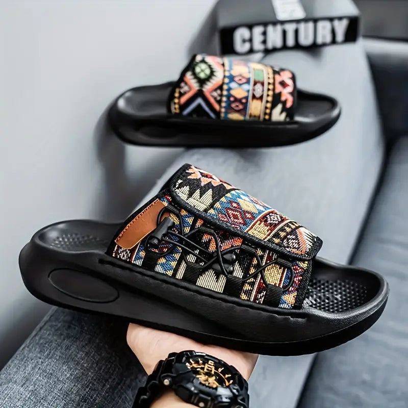 Men's Breathable Slip-On Open-Toe Sandals with Striped Pattern - Comfortable