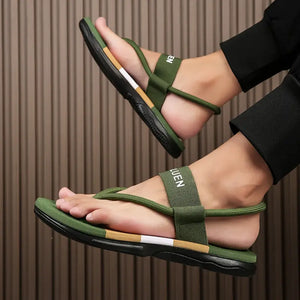 Men's Casual Flip Flops with Bold Letter Print & Striped Design - Durable Fabric Upper