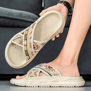 Men'S Summer Casual Sandals - Slip-On Embroidered Sandals Tpr Sole Sandals